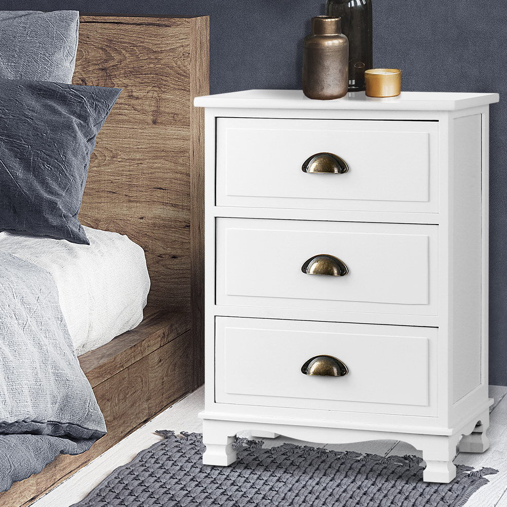 Bedside Table 3 Drawers Vintage - THYME White