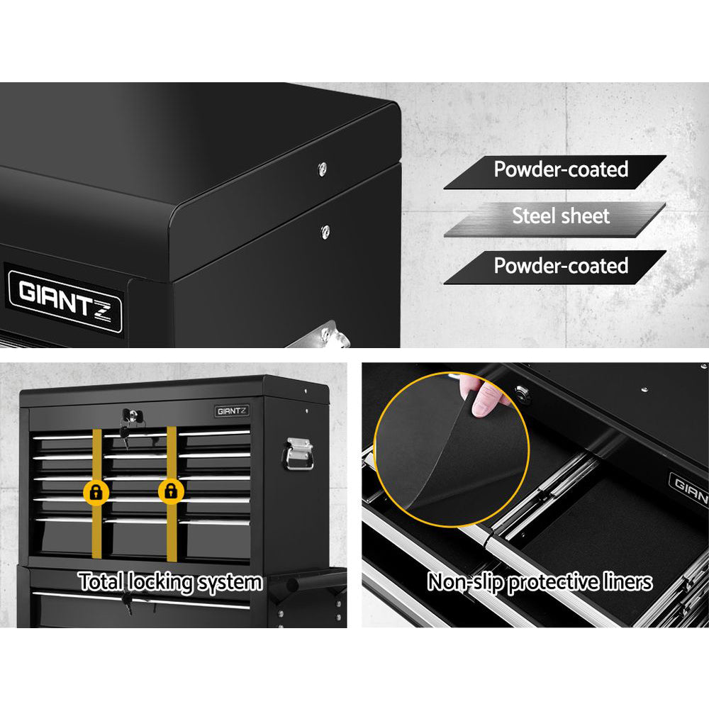 16 Drawer Tool Box Cabinet Chest Trolley Toolbox Garage Storage Black