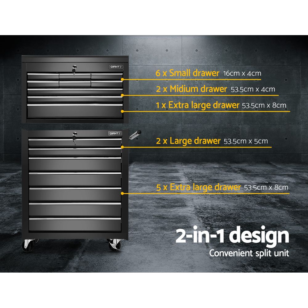 16 Drawer Tool Box Cabinet Chest Trolley Toolbox Garage Storage Black