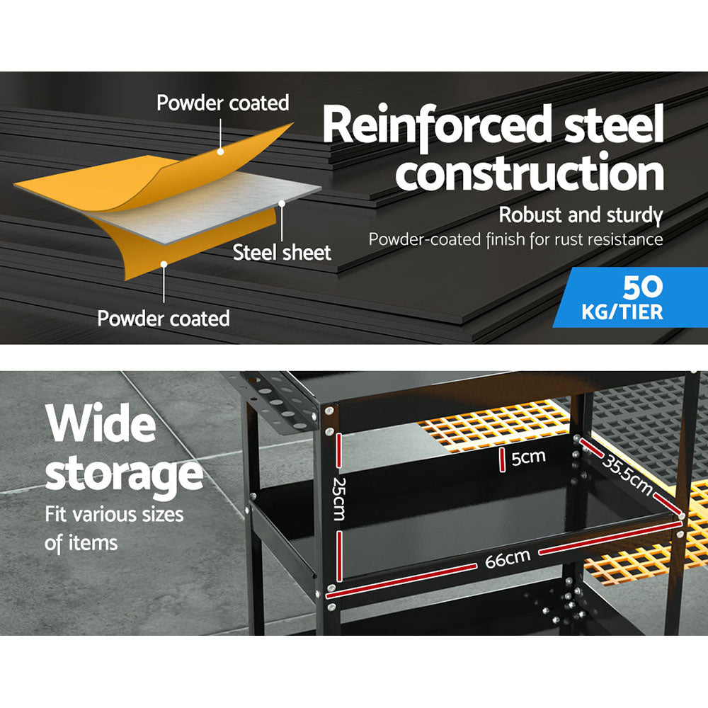 3-Tier Tool Cart Trolley Workshop Garage Storage Organizer Black