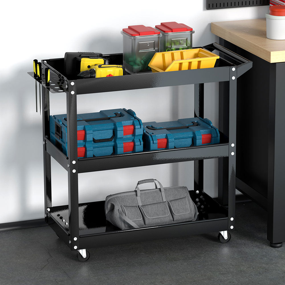 3-Tier Tool Cart Trolley Workshop Garage Storage Organizer Black
