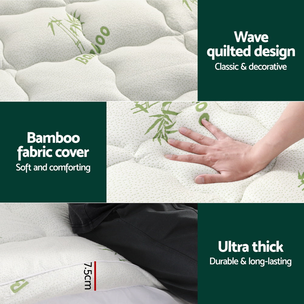 Giselle Bedding Pillowtop Mattress Topper 7.5cm Thick Bamboo Pad for Back Pain Relief Washable Skin-friendly Bed Protector with 45cm Deep Pocket Queen
