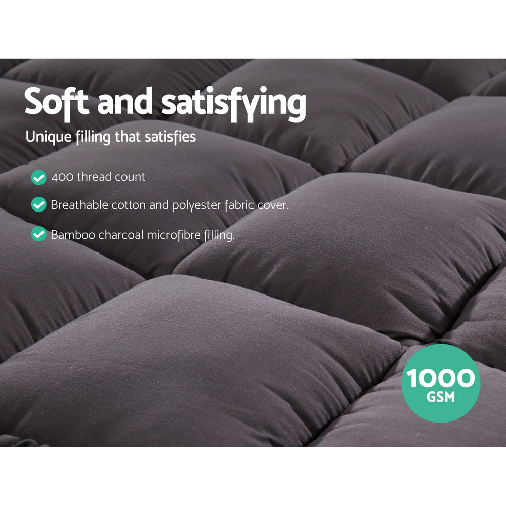 Giselle Bedding Bamboo Charcoal Filling Pillowtop Topper 1000GSM 5cm Thick Pillowtop Pad for Back Pain Relief Washable with 45cm Deep Pocket Double