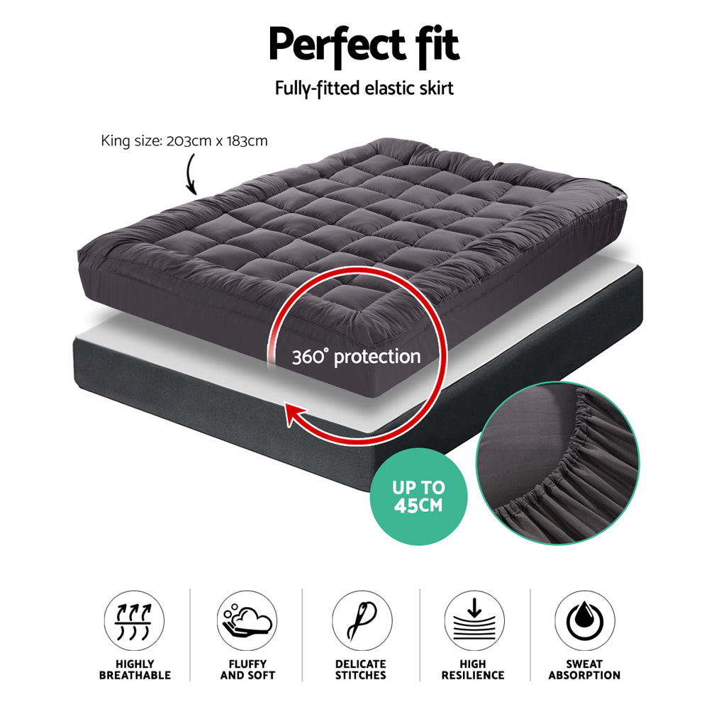 Giselle Bedding Bamboo Charcoal Filling Pillowtop Topper 1000GSM 5cm Thick Pillowtop Pad for Back Pain Relief Washable with 45cm Deep Pocket King
