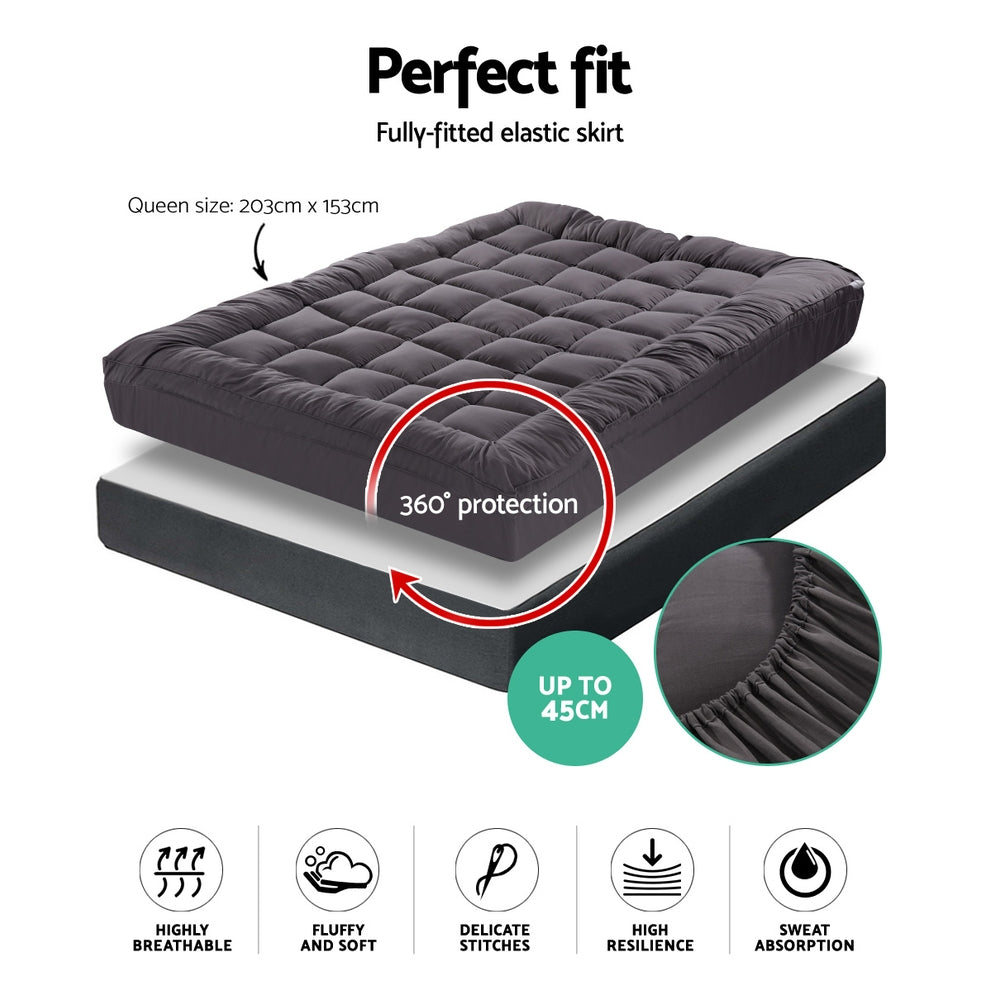 Giselle Bedding Bamboo Charcoal Filling Pillowtop Topper 1000GSM 5cm Thick Pillowtop Pad for Back Pain Relief Washable with 45cm Deep Pocket Queen