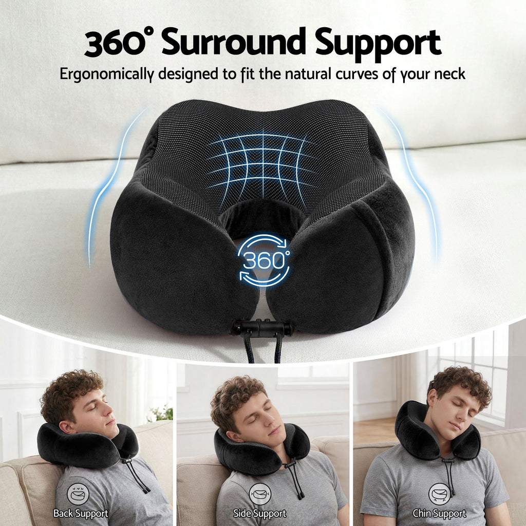 Wanderlite Travel Pillow for Airplanes Memory Foam Neck Pillows for Traveling, Soft & Washable Cover with Storage Bag, Portable Plane Accessories for Airplanes Offices Cars, Black