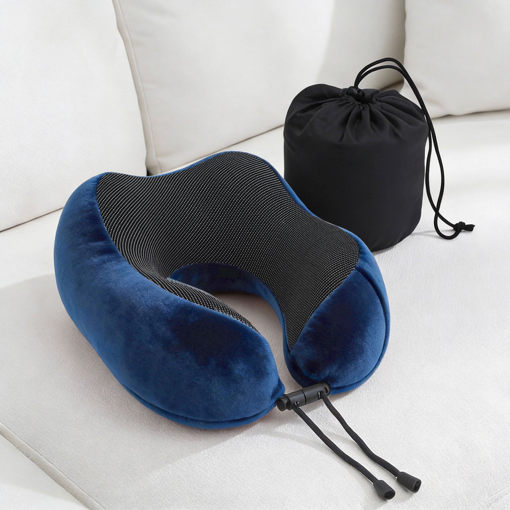 Wanderlite Travel Pillow for Airplanes Memory Foam Neck Pillows for Traveling, Soft & Washable Cover with Storage Bag, Portable Plane Accessories for Airplanes Offices Cars, Blue