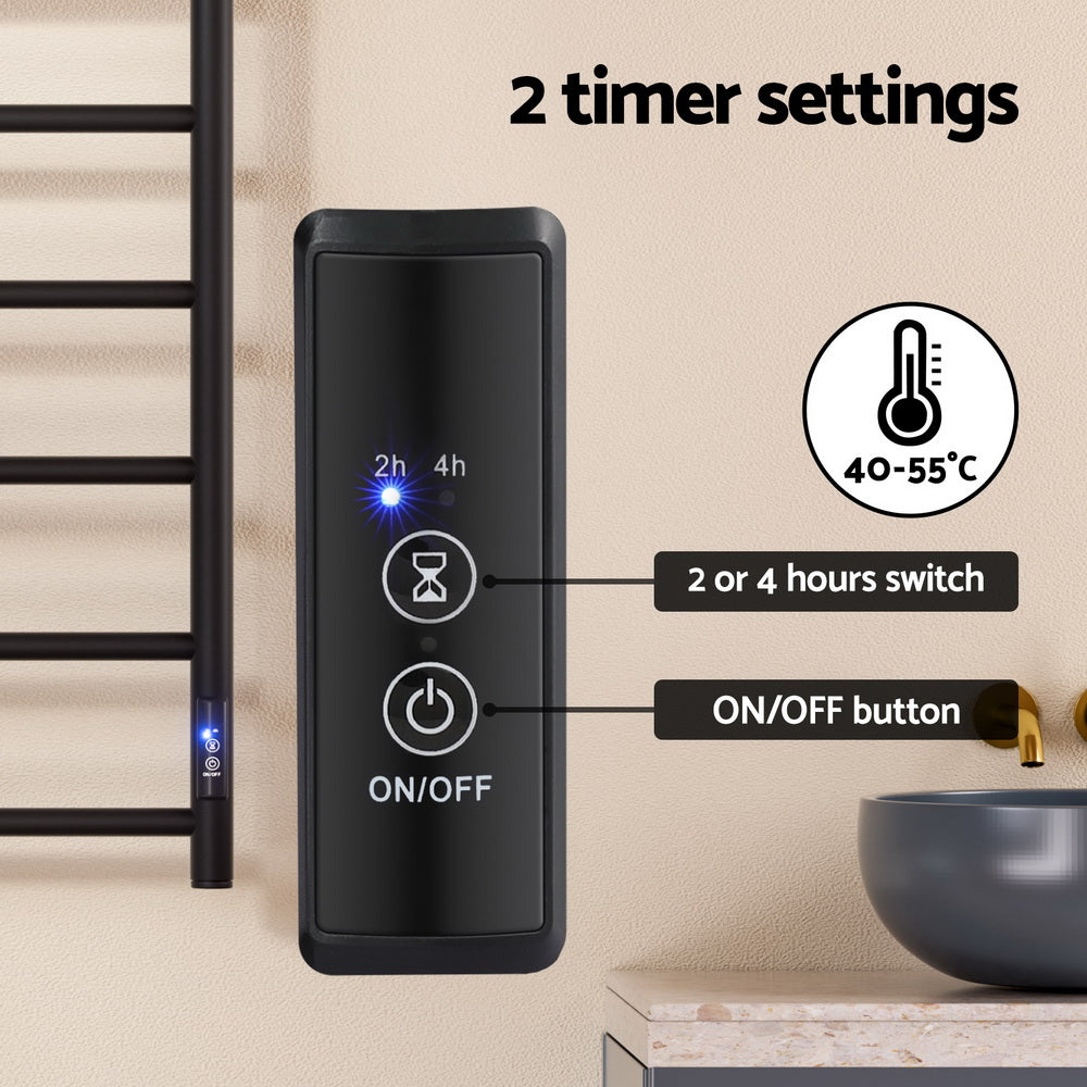 Devanti Heated Towel Rail 6 Round Bars  with Timer Electric Heater Warmer Rack