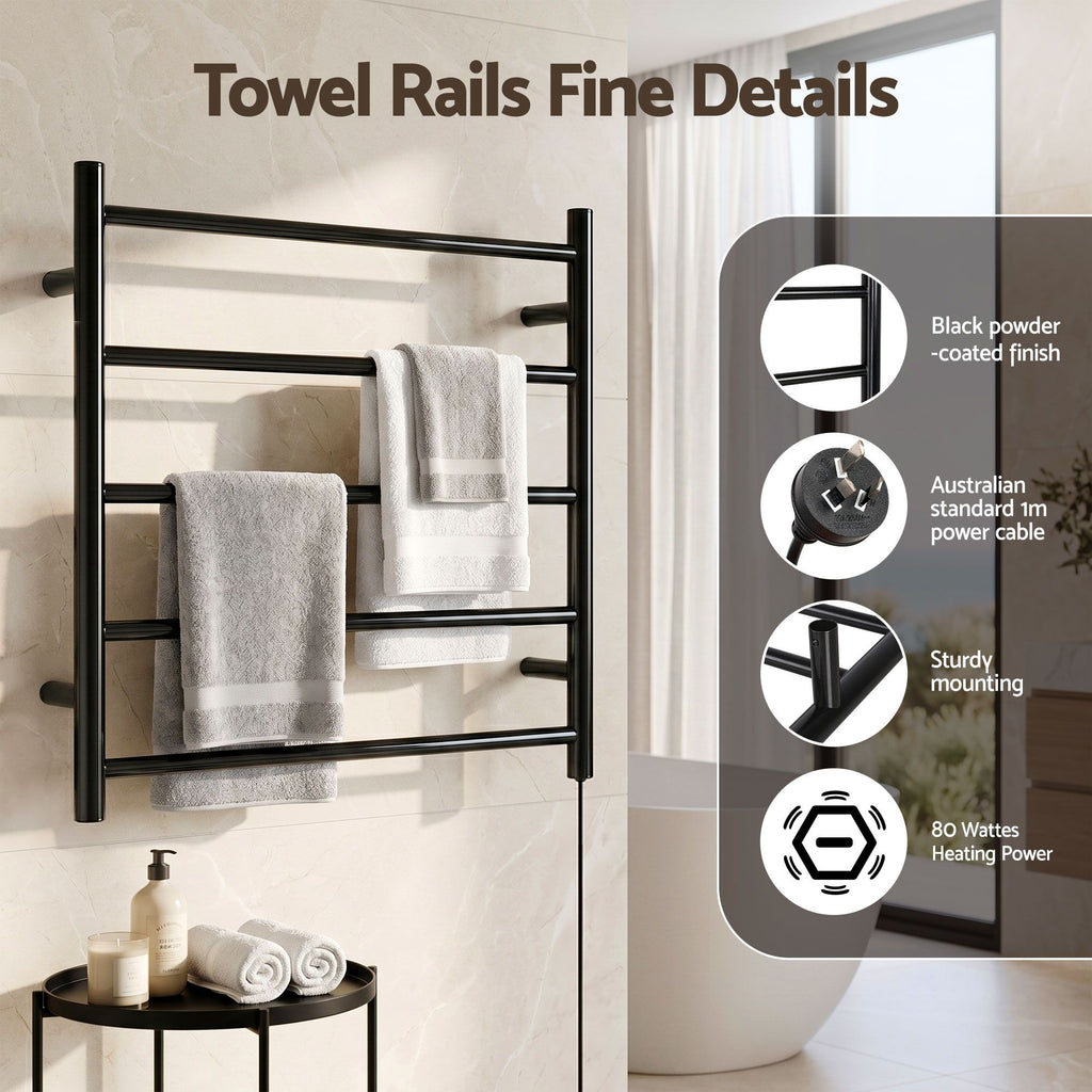 Devanti Electric Heated Towel Rail Rack 5 Bars Wall Mounted Clothes Dry Warmer
