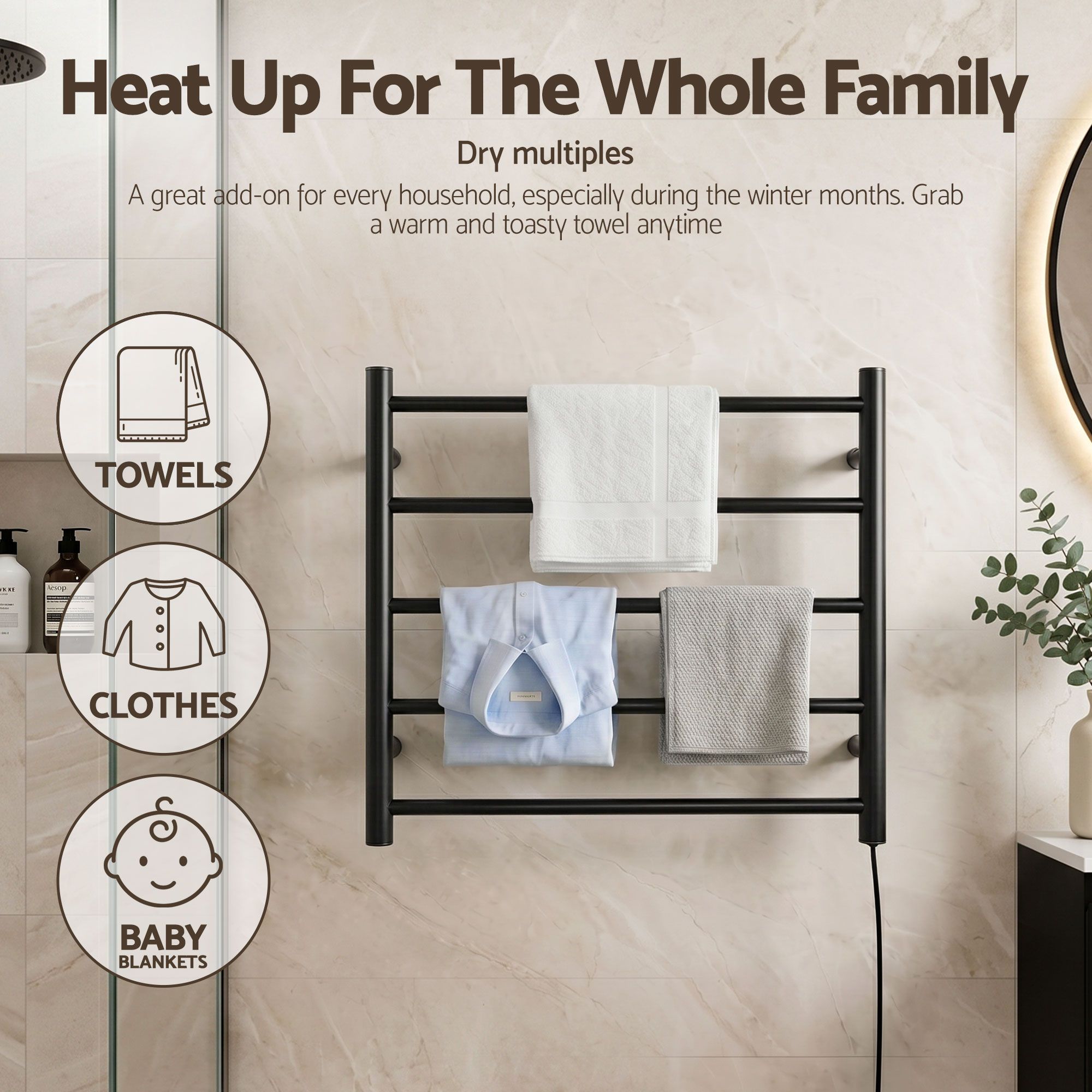 Devanti Electric Heated Towel Rail Rack 5 Bars Wall Mounted Clothes Dry Warmer