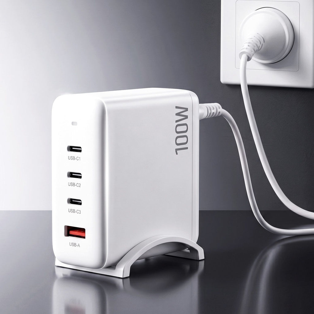 Devanti USB C Charger 100W Fast Charger 4 Port GaN Desktop Station White
