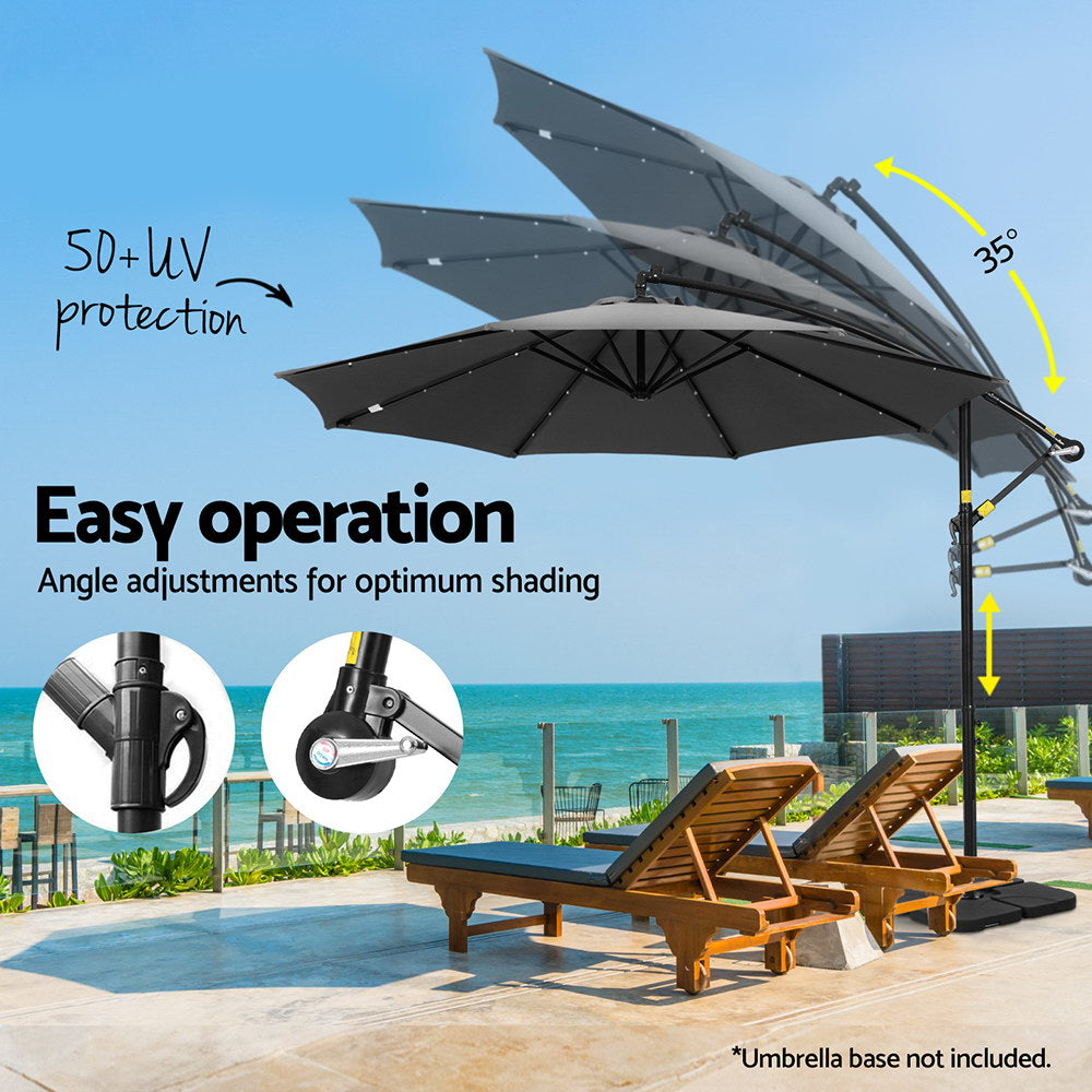 Outdoor Umbrella 3M Cantilever Beach LED Base Garden Sun Patio Charcoal