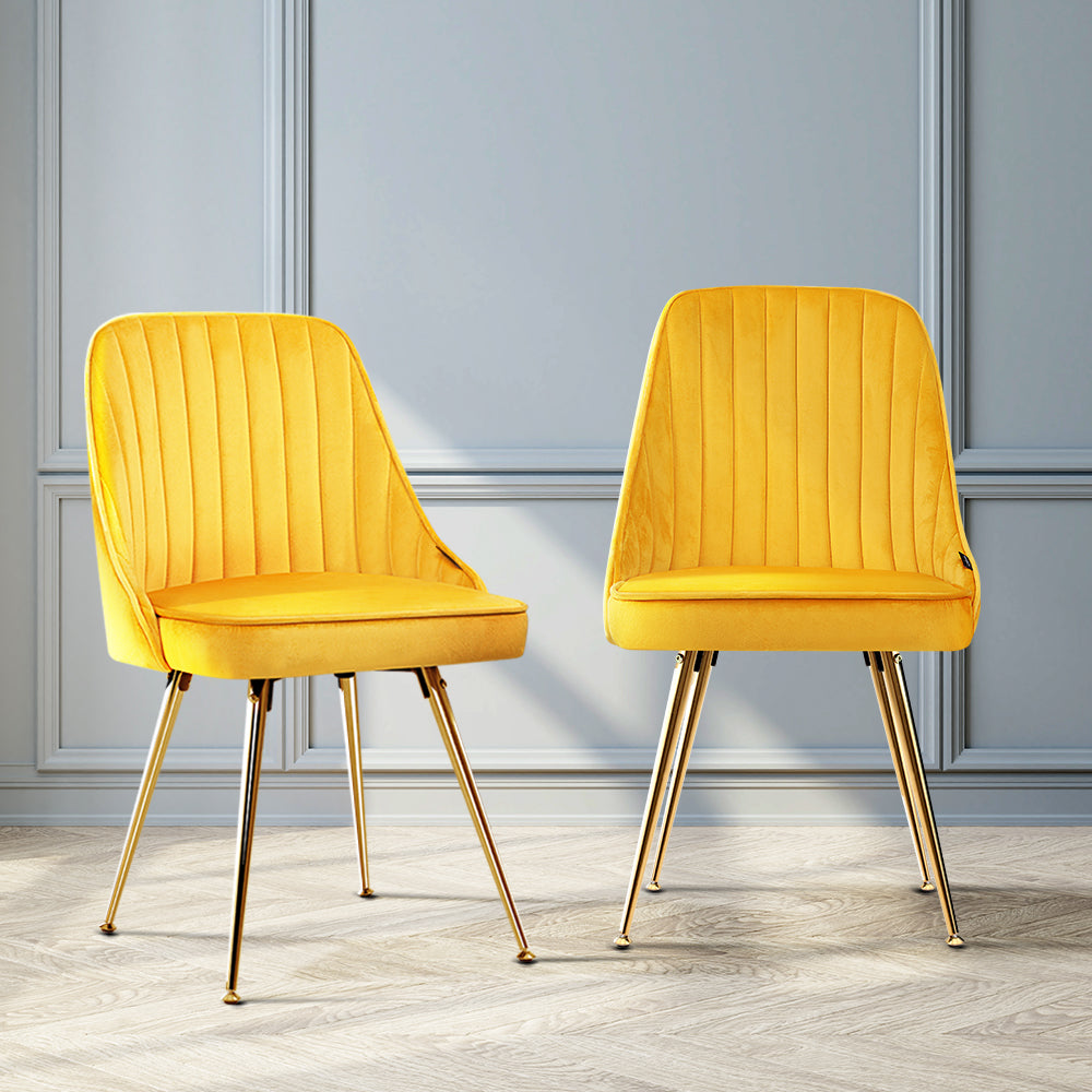 Dining Chairs Set of 2 Velvet Channel Tufted Yellow