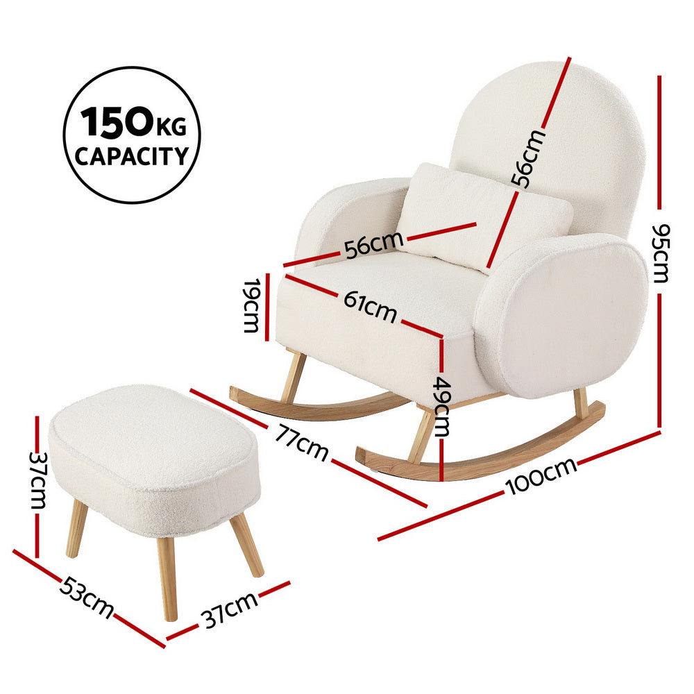 Armchair Rocking Chair Ottoman Lounge Footrest Round Nursing Boucle White