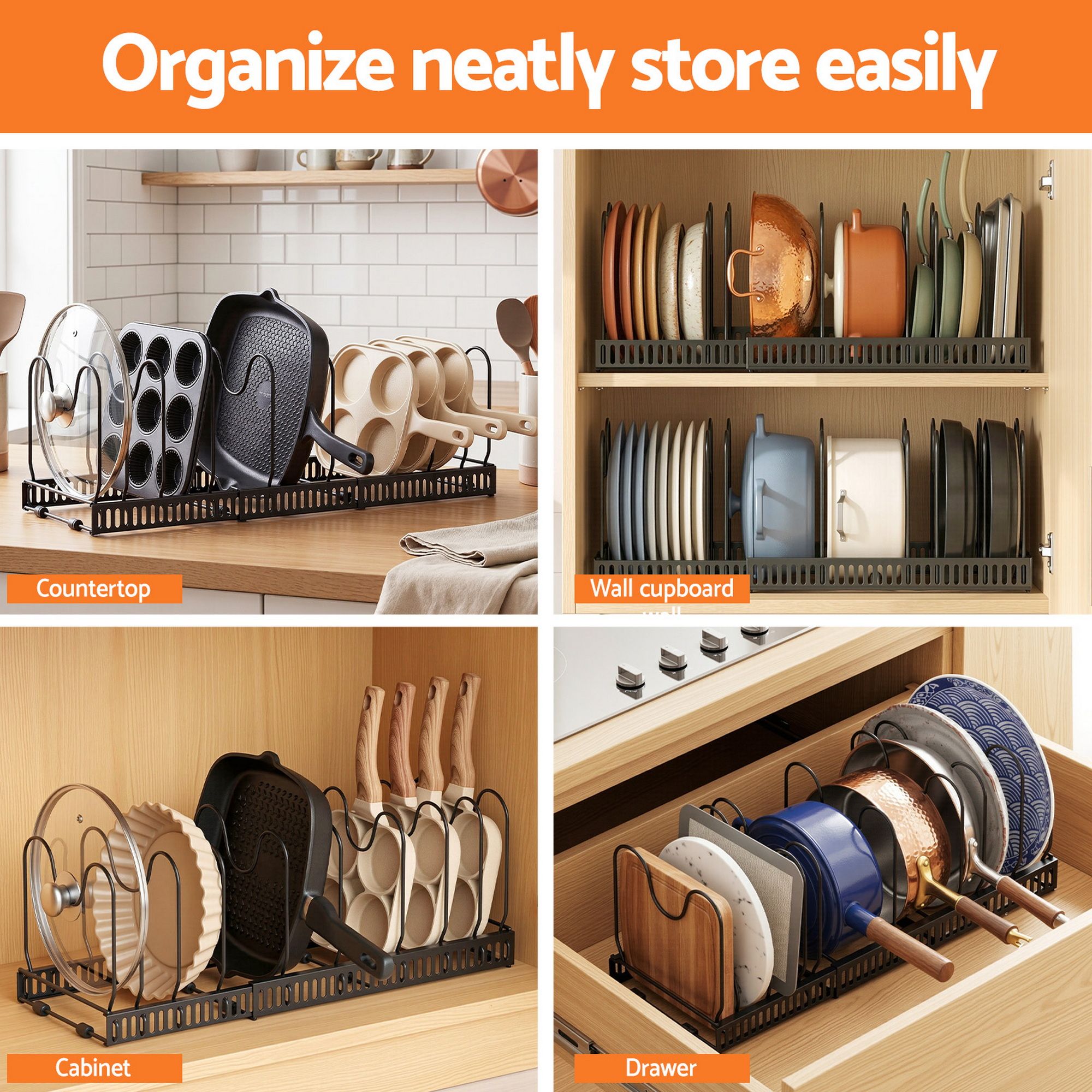 Artiss Expandable Pots and Pans Organizer Rack Cookware Holder Kitchen Cabinet Rack