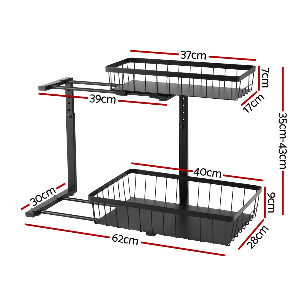 Artiss Under Sink Organizer Storage with 2 Slide Out Drawers 5 Adjustable Height Bathroom Kitchen Cabinet Black