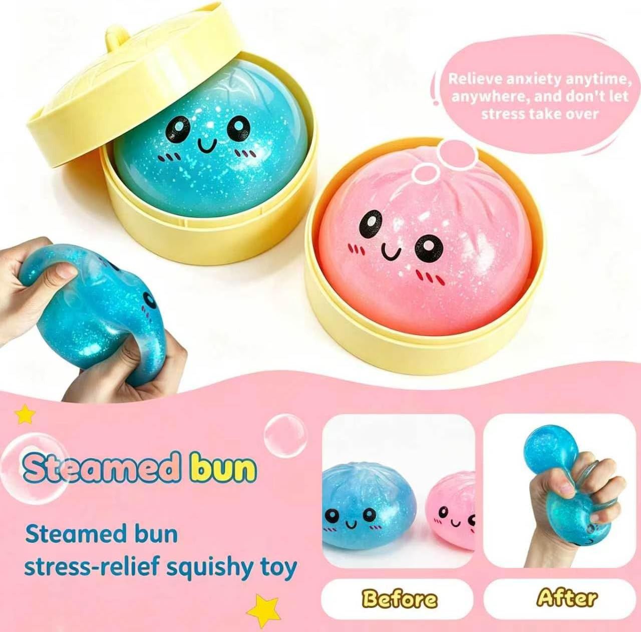 2Pcs Dumpling Squishies Surprise Pack, Glitter Slow Rising Stress Ball, Stretchy Fidget Sensory Toy for Anxiety Stress, Cute Dumpling Squeeze Toy for Adults Teens (Blue+Pink)