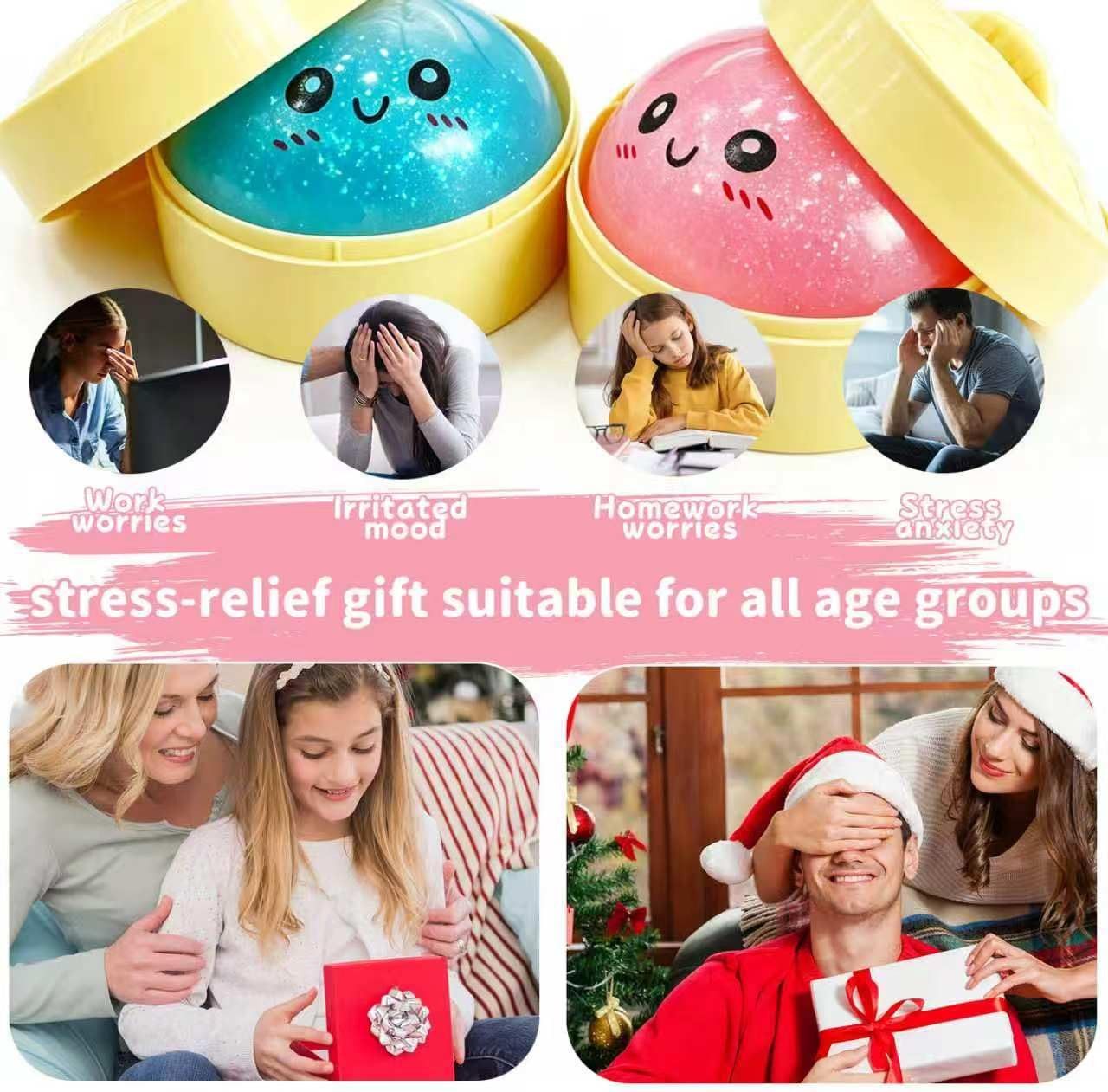 2Pcs Dumpling Squishies Surprise Pack, Glitter Slow Rising Stress Ball, Stretchy Fidget Sensory Toy for Anxiety Stress, Cute Dumpling Squeeze Toy for Adults Teens (Blue+Pink)