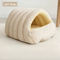 High-Elasticity Warm Cat Bed: 57×37×28cm Wrapped Design, Striped Fleece + Arctic Fleece Heat Retention, Removable & Washable（light beige）