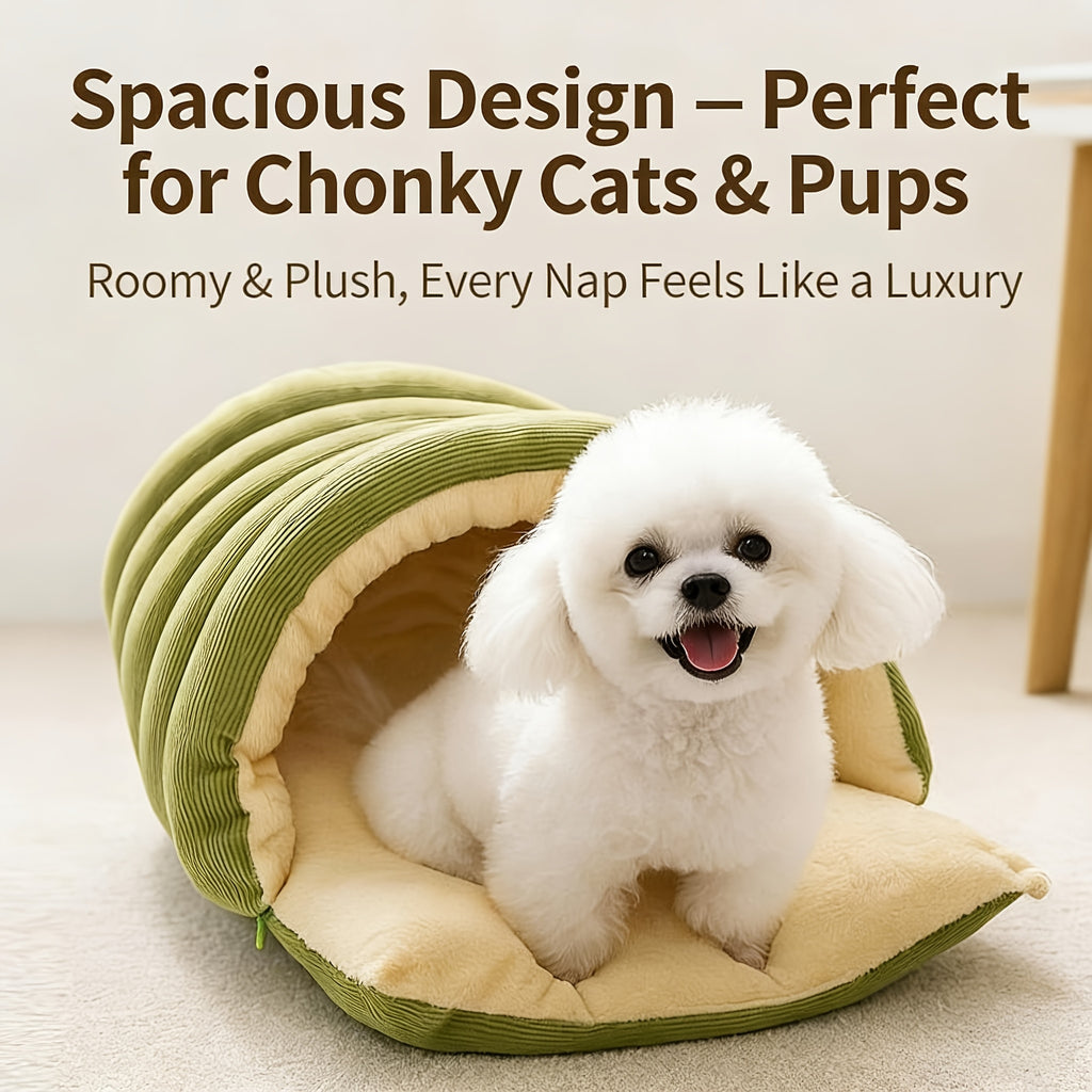 High-Elasticity Warm Cat Bed: 57×37×28cm Wrapped Design, Striped Fleece + Arctic Fleece Heat Retention, Removable & Washable（light beige）