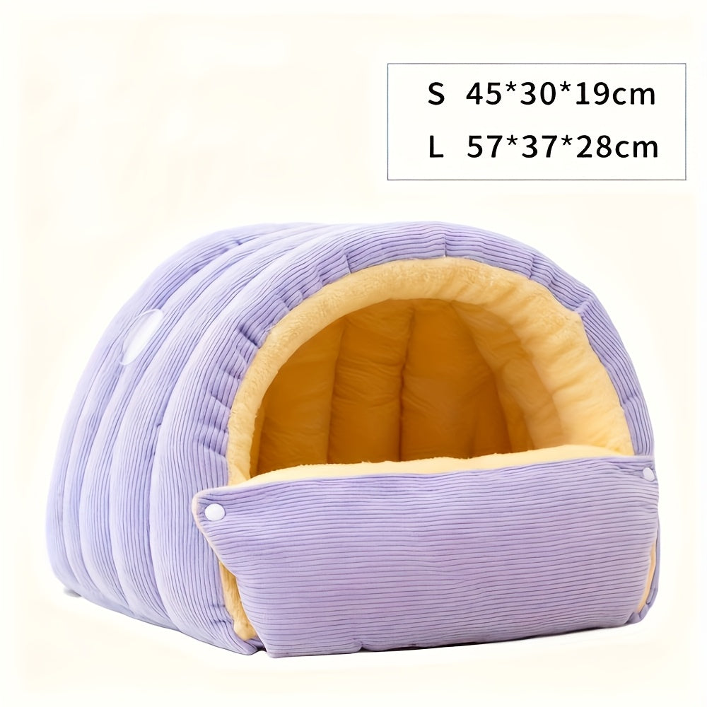 High-Elasticity Warm Cat Bed: 57×37×28cm Wrapped Design, Striped Fleece + Arctic Fleece Heat Retention, Removable & Washable（light beige）