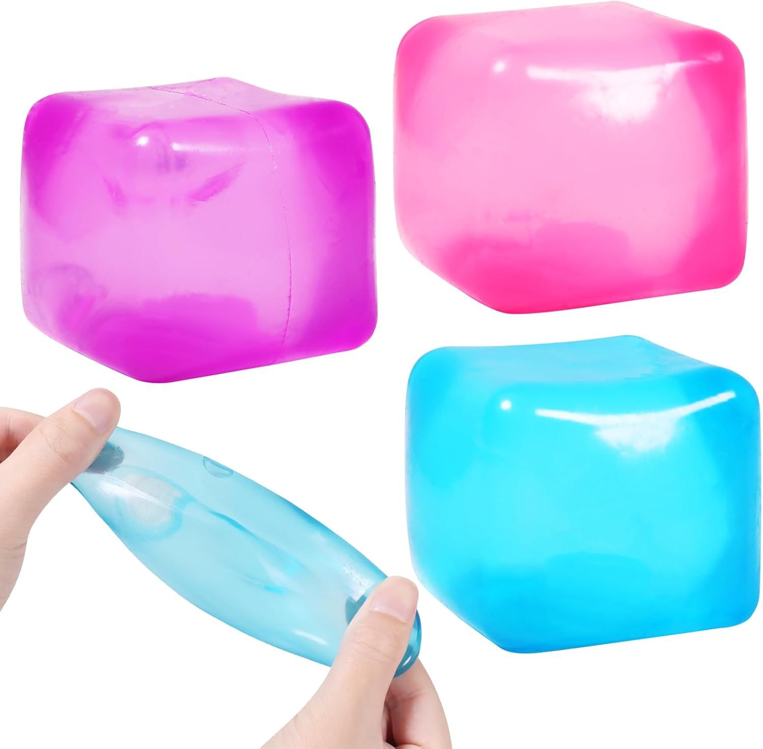 3-Pack Squishy Stress Cube Fidget Toys, Slow Rising Gel Sensory Squeeze Blocks for Anxiety Relief, Quiet Desk Toy for Kids and Adults (Pink Purple Blue)