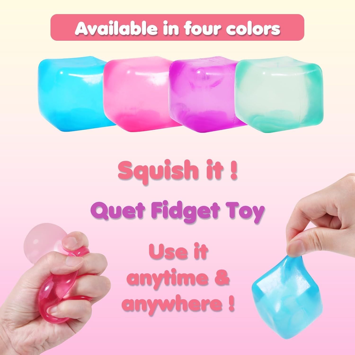 3-Pack Squishy Stress Cube Fidget Toys, Slow Rising Gel Sensory Squeeze Blocks for Anxiety Relief, Quiet Desk Toy for Kids and Adults (Pink Purple Blue)