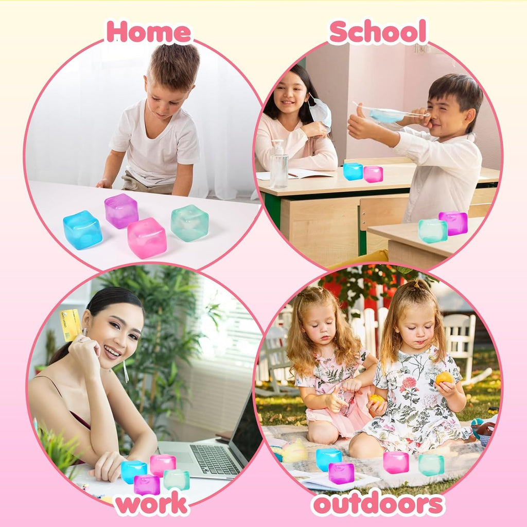 3-Pack Squishy Stress Cube Fidget Toys, Slow Rising Gel Sensory Squeeze Blocks for Anxiety Relief, Quiet Desk Toy for Kids and Adults (Pink Purple Blue)