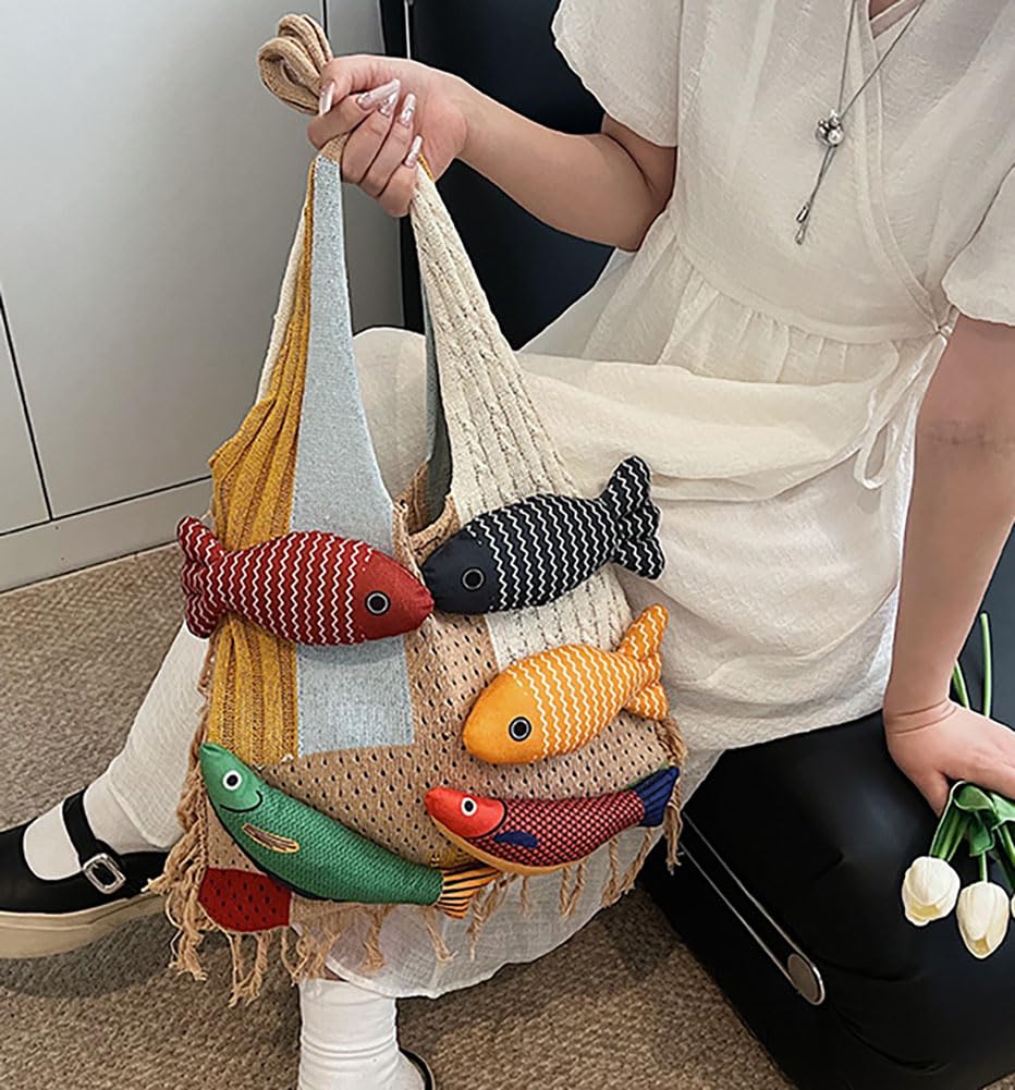 Boho Knit Tote Bag with 3D Fish Applique – Patchwork Shoulder Bag for Women, Beach, Travel & Daily Use – Soft Fringe Design (Khaki)