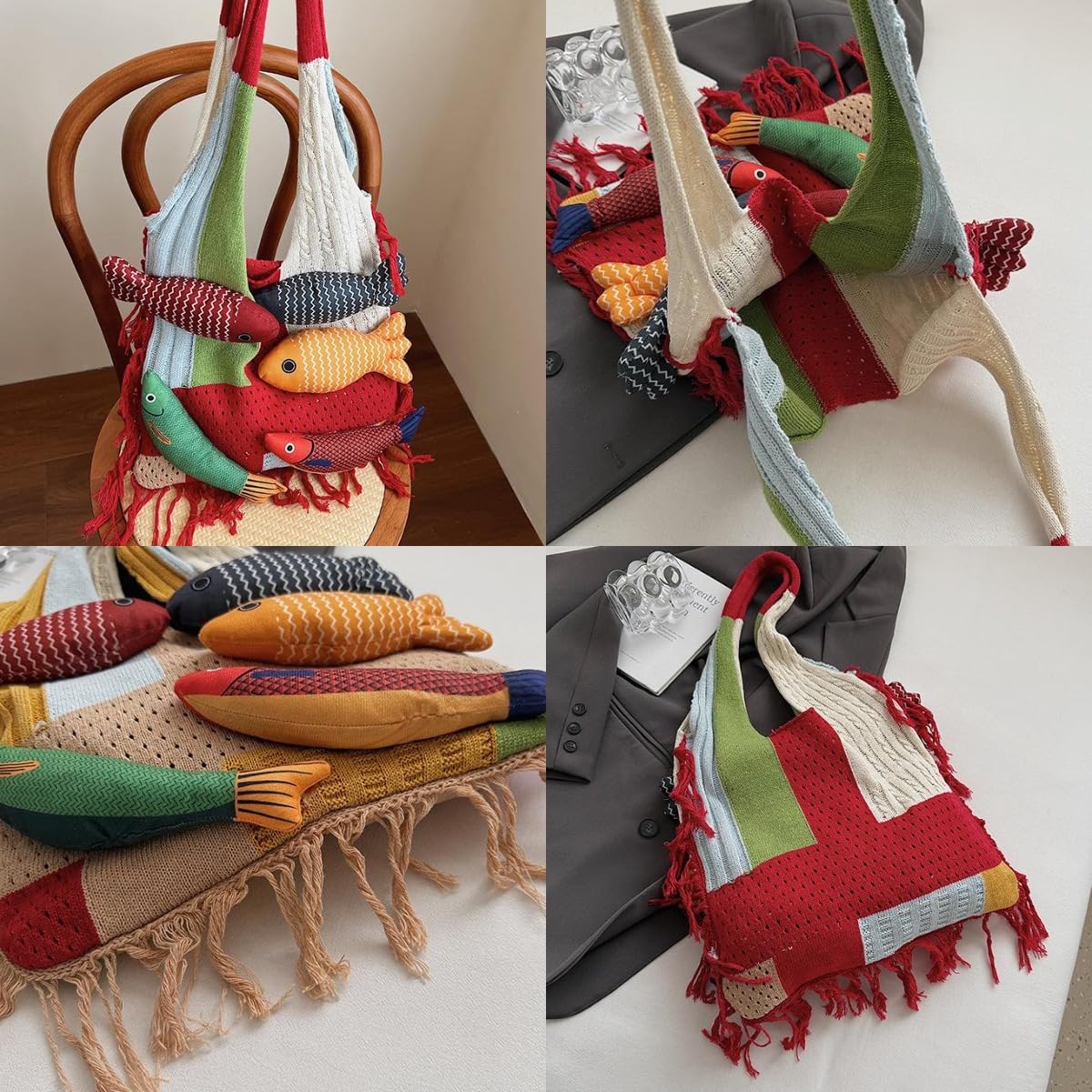 Boho Knit Tote Bag with 3D Fish Applique – Patchwork Shoulder Bag for Women, Beach, Travel & Daily Use – Soft Fringe Design (Khaki)