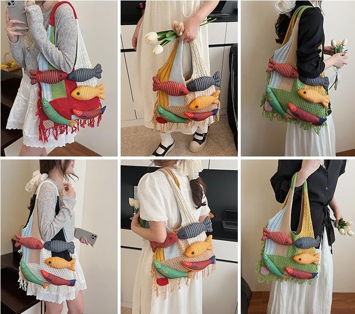 Boho Knit Tote Bag with 3D Fish Applique – Patchwork Shoulder Bag for Women, Beach, Travel & Daily Use – Soft Fringe Design (Khaki)