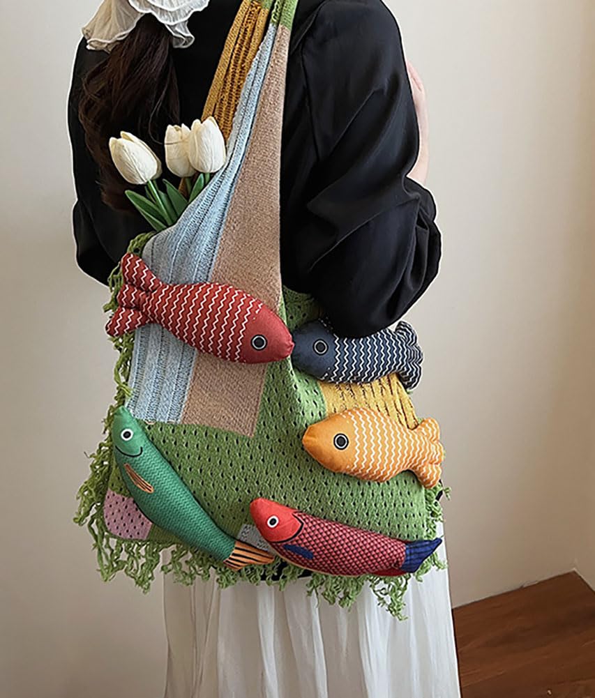 Boho Knit Tote Bag with 3D Fish Applique – Patchwork Shoulder Bag for Women, Beach, Travel & Daily Use – Soft Fringe Design (Green)