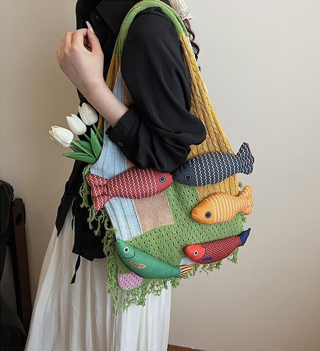 Boho Knit Tote Bag with 3D Fish Applique – Patchwork Shoulder Bag for Women, Beach, Travel & Daily Use – Soft Fringe Design (Green)