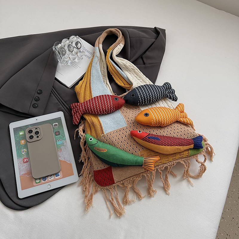 Boho Knit Tote Bag with 3D Fish Applique – Patchwork Shoulder Bag for Women, Beach, Travel & Daily Use – Soft Fringe Design (Green)
