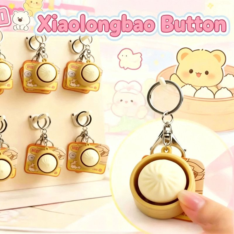 Cute Steamed Bun (Xiaolongbao) Stress Relief Button Keychain - Silicone Squeeze Fidget Toy with Mechanical Keyboard Switch, Mini Steamer Basket Design, Anxiety Relief Sensory Toy for Kids & Adults