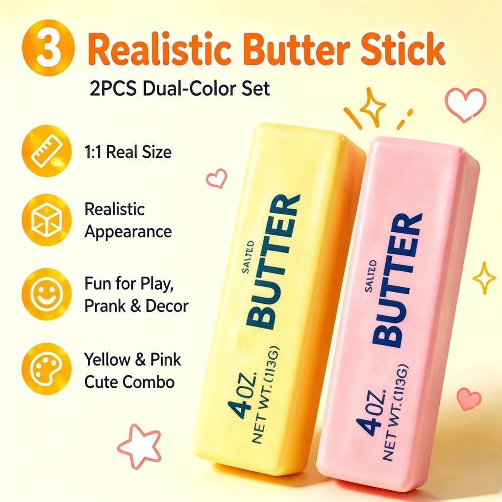 2-Pack Butter Stick Squishy Set, Soft Slow-Rise Squeeze Items, Yellow and Pink