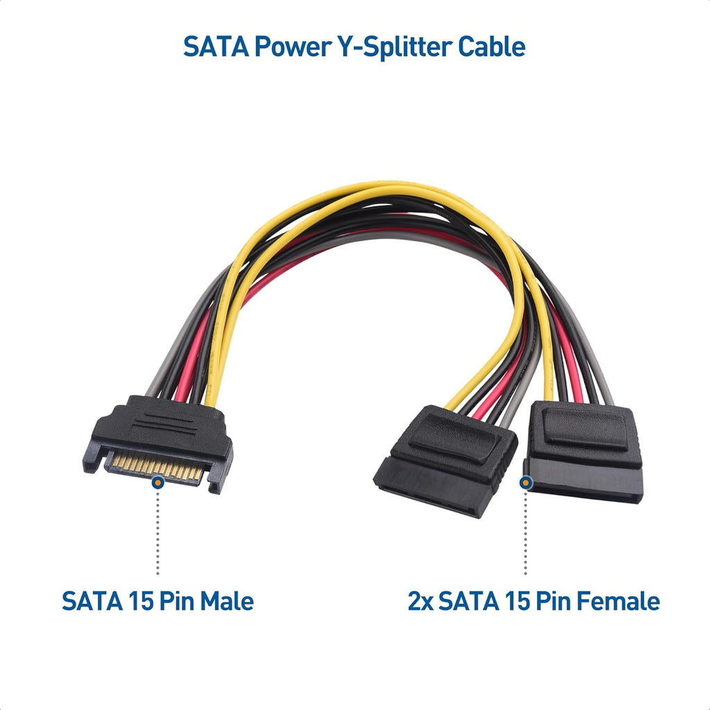 3-Pack 15 Pin SATA Power Splitter Cable - 8 Inches, SATA Power Y-Splitter Cable