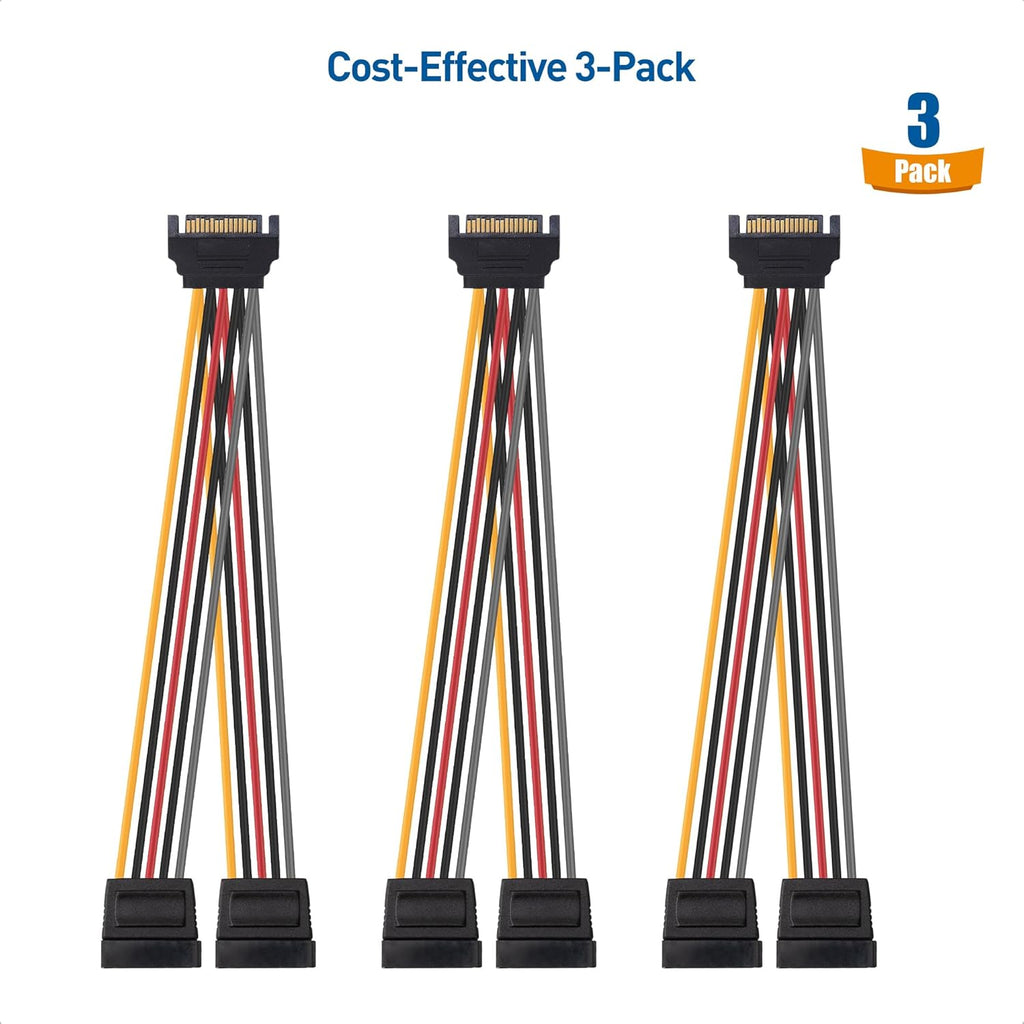 3-Pack 15 Pin SATA Power Splitter Cable - 8 Inches, SATA Power Y-Splitter Cable