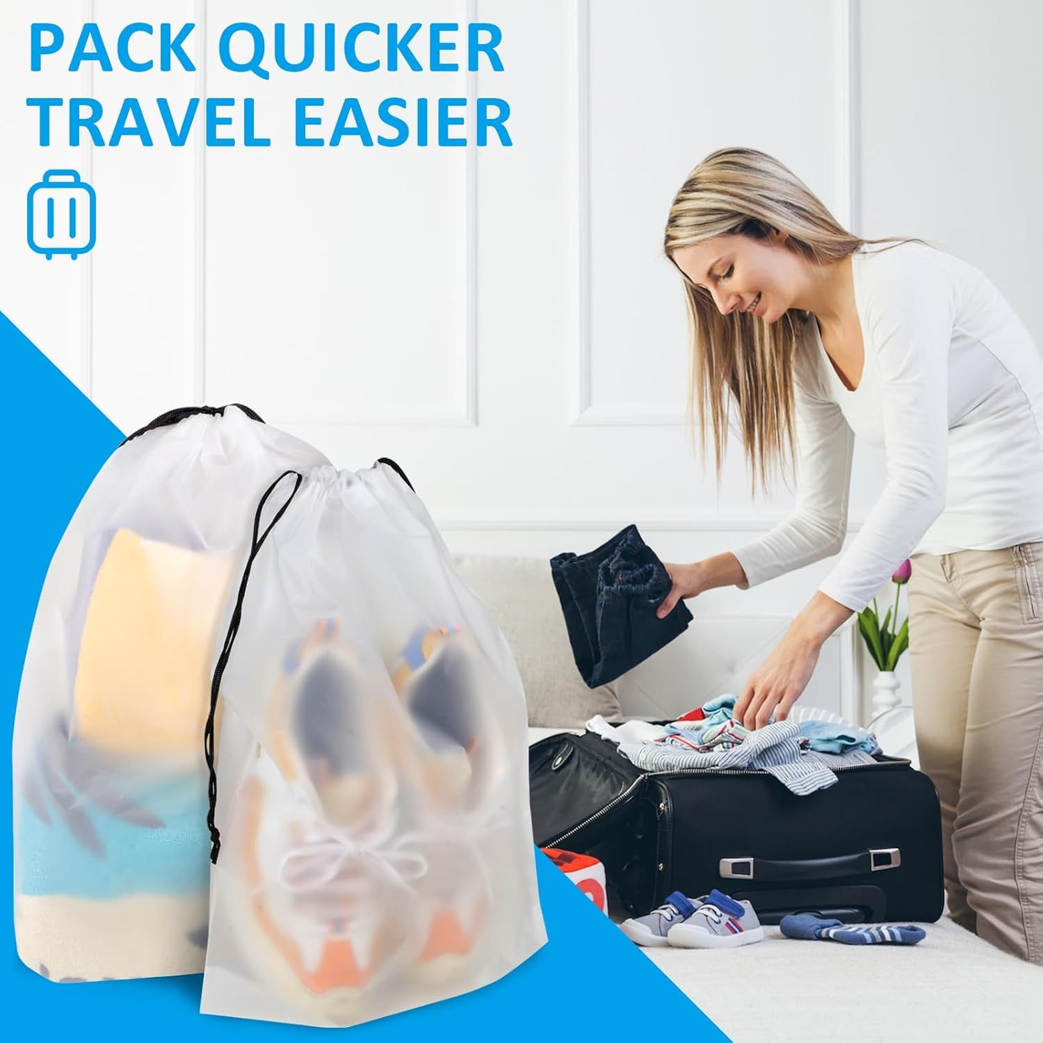 Waterproof Travel Drawstring Shoe Bags for Packing, Storage, Travel Essentials for Men and Women, 15.7 x 11.8 inches, Clear, 5 pieces