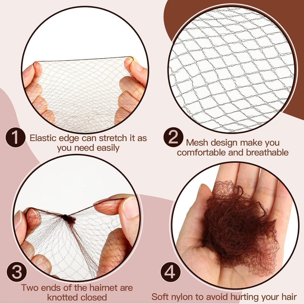Hair Accessories Set: 20PCS Mesh Hair Nets Invisible and 40PCS U Shaped Hair Pins or Women, Girls, Ballet Bun Maker & Dance (Hair Nets- 20 inch(50cm), Hair Pins- 2.4 inch(6cm)), Brown