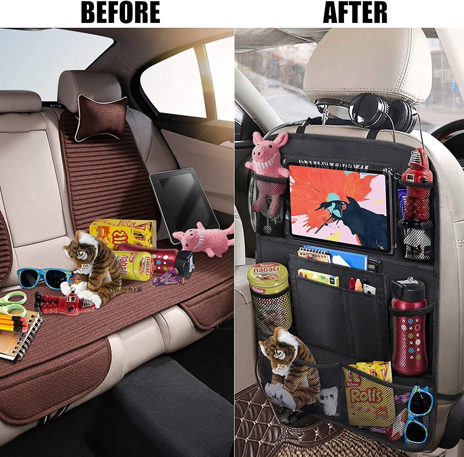 Car Backseat Organizer with 10" Table Holder, 9 Storage Pockets Seat Back Protectors Kick Mats or Kids Toddlers, Travel Accessories, 2 Pack