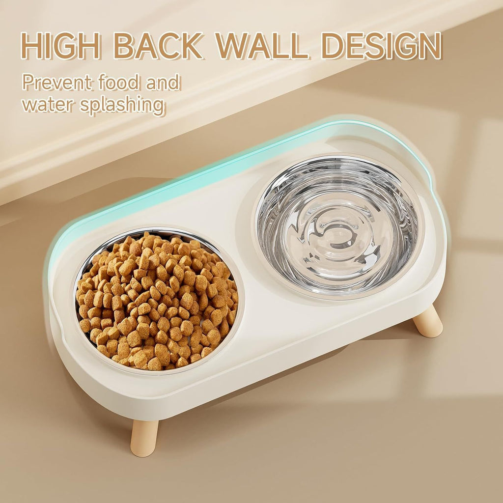 Elevated Cat Bowl, Raised Cat ood and Water Bowl Set or Indoor Cats, Splash Proo with 2 Stainless Steel Pet ood Bowls or Cats and Puppies, Whisker atigue and Dishwasher Sae - White