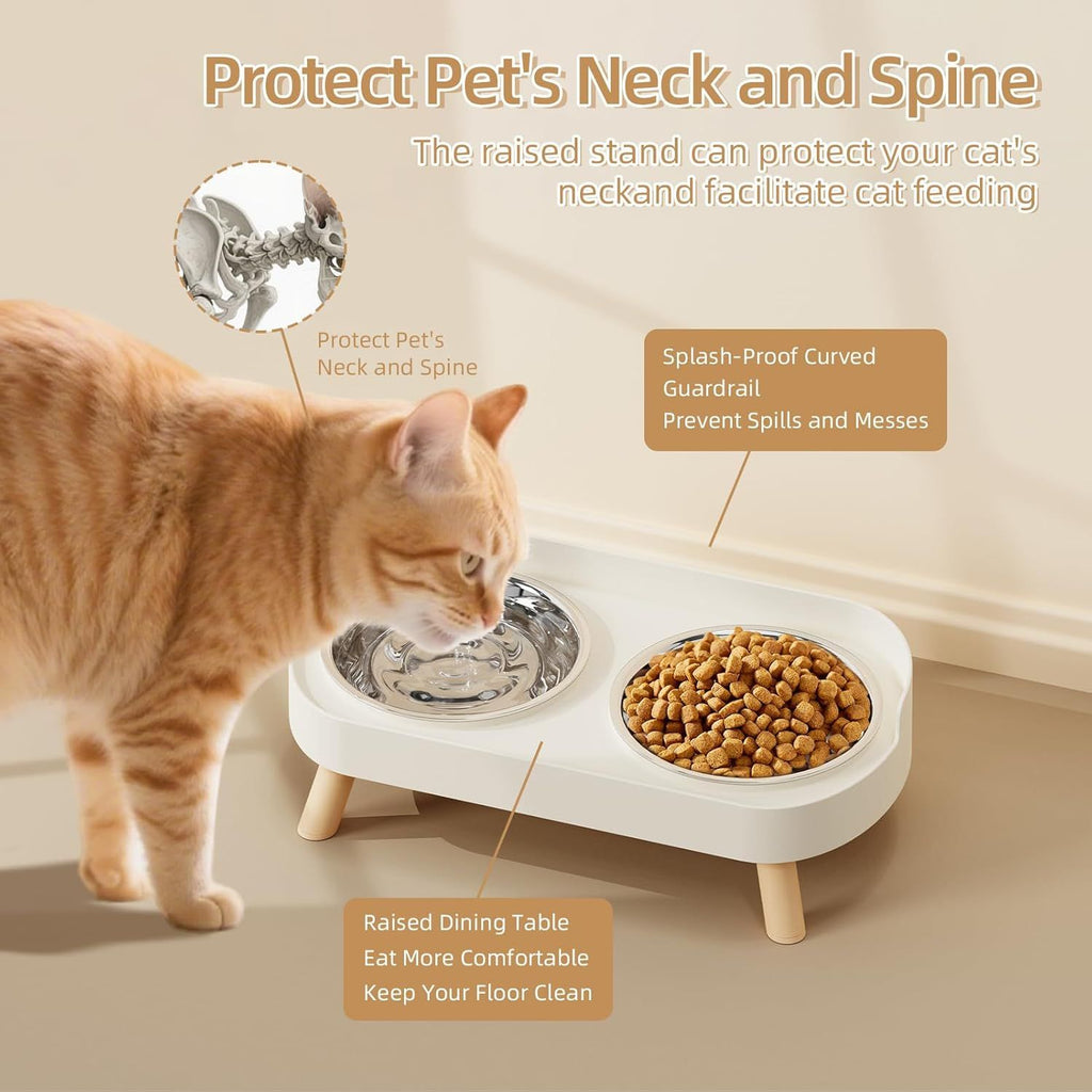 Elevated Cat Bowl, Raised Cat ood and Water Bowl Set or Indoor Cats, Splash Proo with 2 Stainless Steel Pet ood Bowls or Cats and Puppies, Whisker atigue and Dishwasher Sae - White