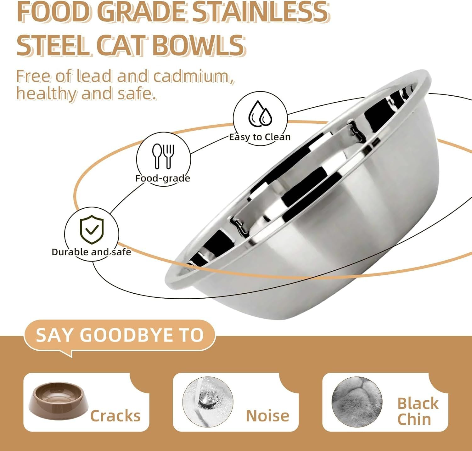 Elevated Cat Bowl, Raised Cat ood and Water Bowl Set or Indoor Cats, Splash Proo with 2 Stainless Steel Pet ood Bowls or Cats and Puppies, Whisker atigue and Dishwasher Sae - White