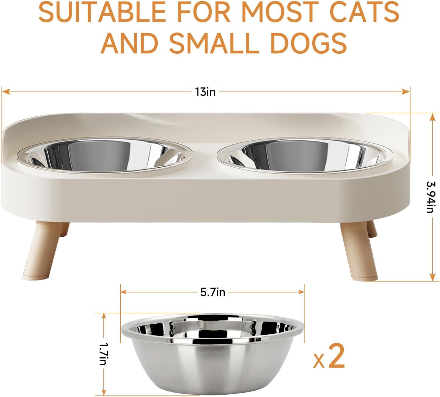 Elevated Cat Bowl, Raised Cat ood and Water Bowl Set or Indoor Cats, Splash Proo with 2 Stainless Steel Pet ood Bowls or Cats and Puppies, Whisker atigue and Dishwasher Sae - White