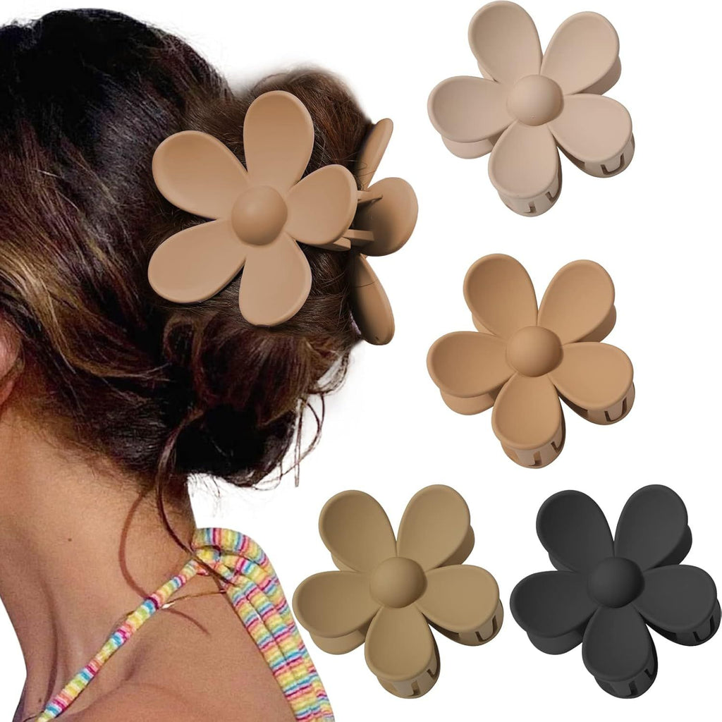 Cute Hair Claw Clips Set - 4Pcs Nonslip Strong Hold 3 Inch Matte Small lower Clips or Women and Girls (Beige, Khaki, Brown, Black)