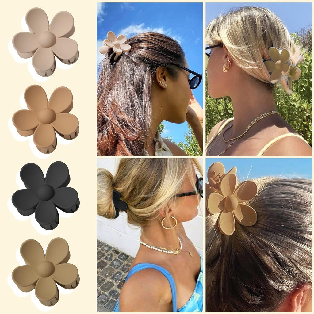 Cute Hair Claw Clips Set - 4Pcs Nonslip Strong Hold 3 Inch Matte Small lower Clips or Women and Girls (Beige, Khaki, Brown, Black)