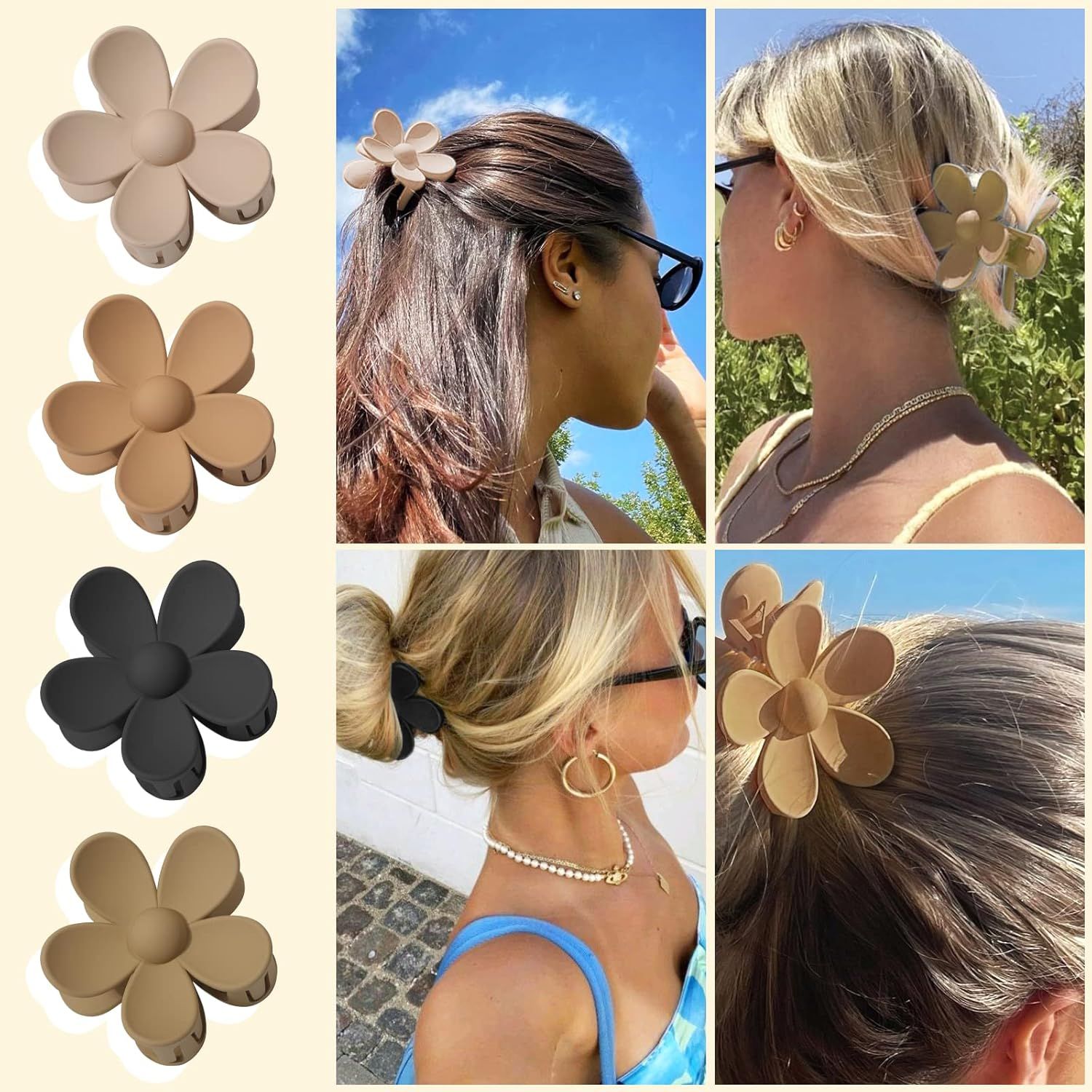 Cute Hair Claw Clips Set - 4Pcs Nonslip Strong Hold 3 Inch Matte Small lower Clips or Women and Girls (Beige, Khaki, Brown, Black)