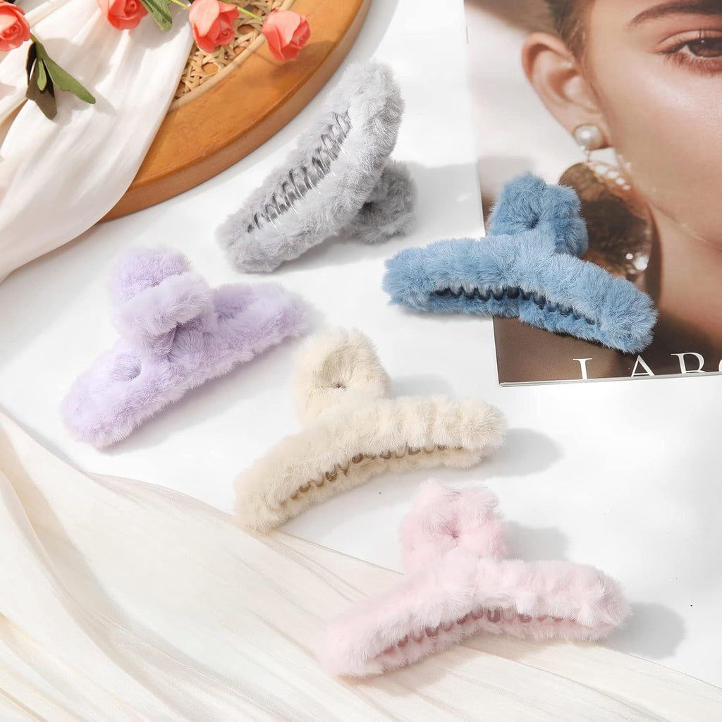 5PCS Large Claw Hair Clips or Thick Hair Big uzzy Hair Clips or Women Nonslip Strong Hold Hair Claw Clip (Plush (Blue+Grey+Pink+Purple+Beige))
