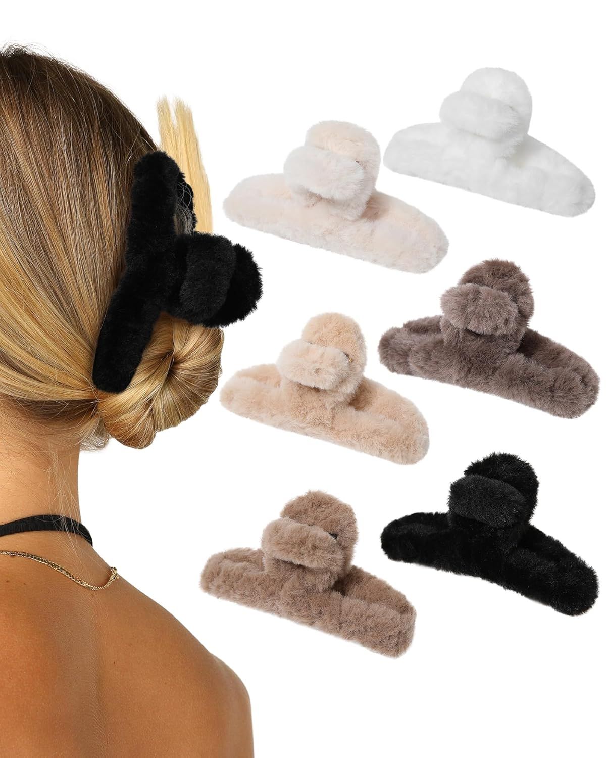 Plush Clip - Hair Clip, 6 Pcs Rectangular Cute Hair Clips or Women, Large Hair Barrettes or Thick Hair, Non Slip Hair Jaw Clips or Girls, Camel/Coee/Beige/Khaki/White/Black